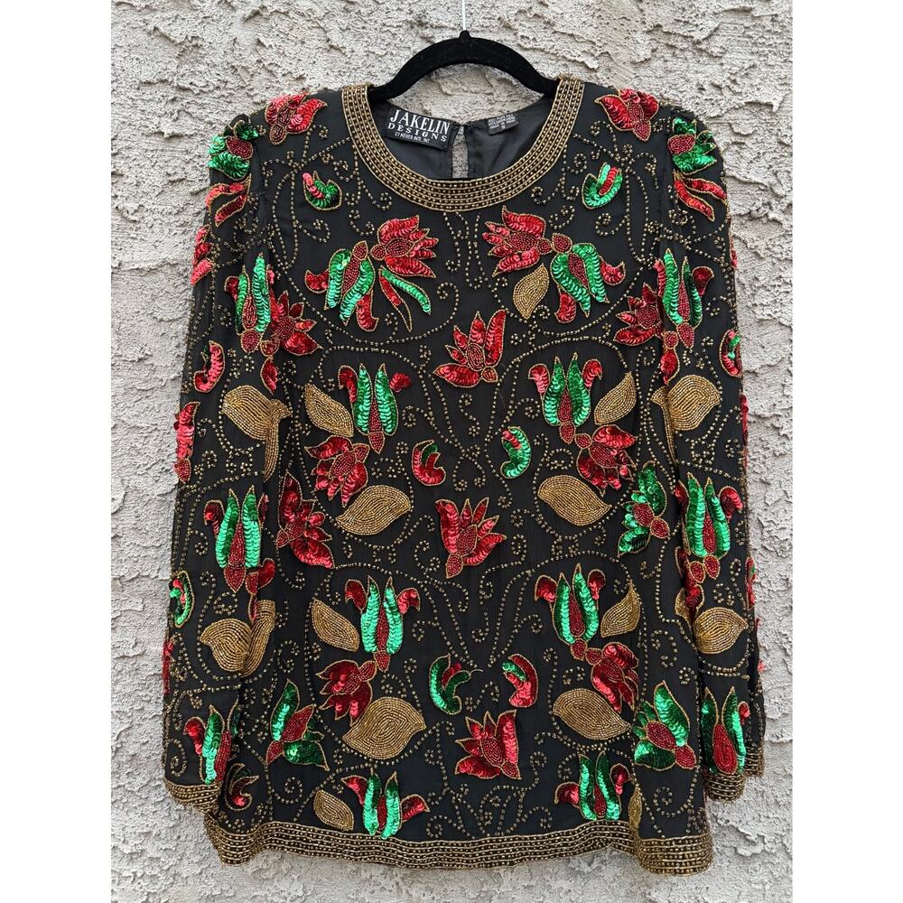 Vintage Jakelin Designs Beaded 100% Silk Holiday Top - Small